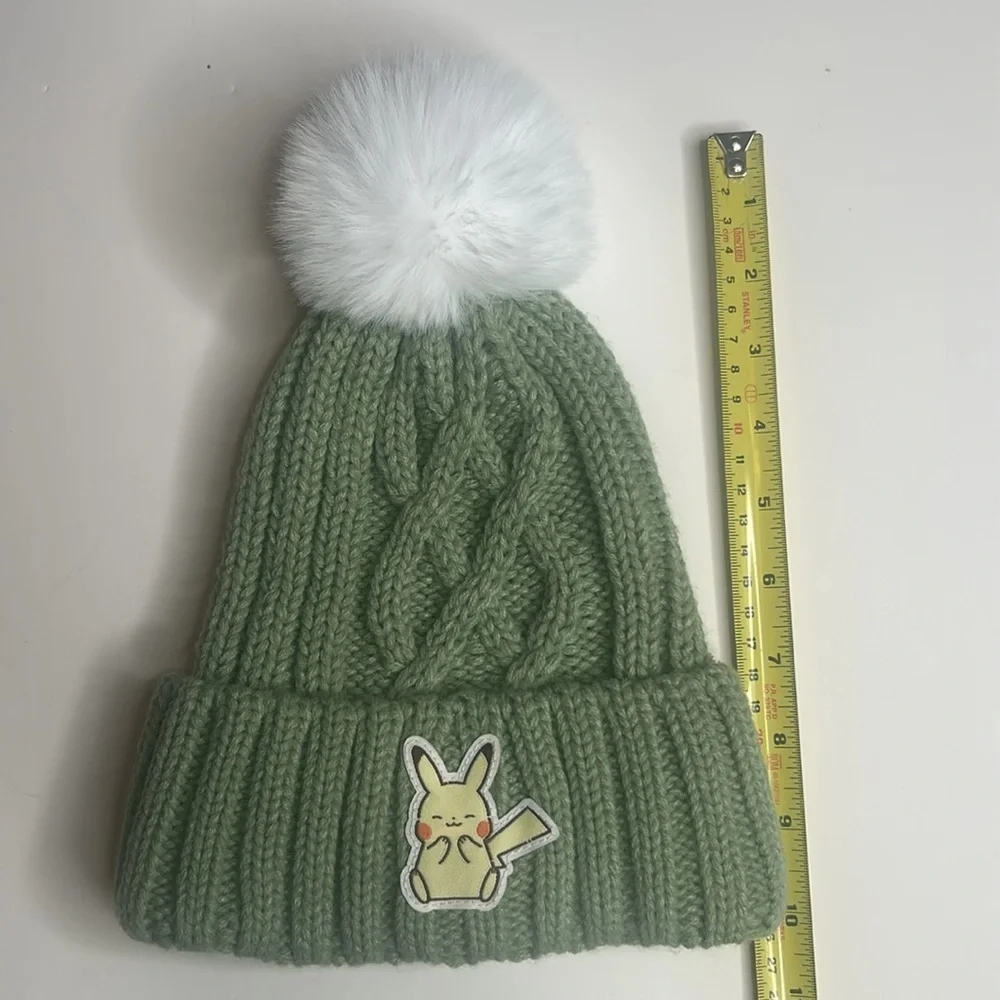 Youth Pokémon Pikachu Green and White Cable Knit Beanie with Pom Pom, Sz. OSFM